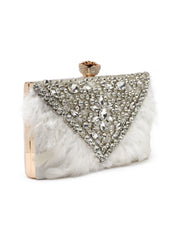 Feather Stone Work Embellished Velvet Box Clutch