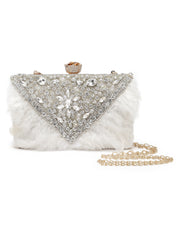 Feather Stone Work Embellished Velvet Box Clutch