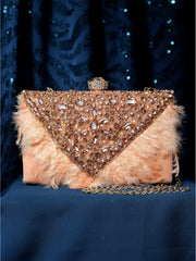 Feather Stone Work Embellished Velvet Box Clutch