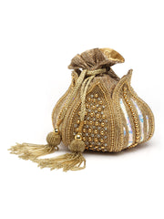 Lotus Stone Work Embellished Faux Silk Potli