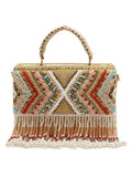 Dangle Bead Work Embellished Faux Silk Clutch