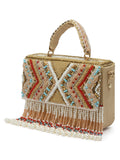 Dangle Bead Work Embellished Faux Silk Clutch