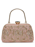 Anekaant Adorn Salmon Pink & Gold Floral Dabka Embellished Faux Silk Clutch