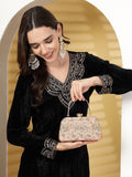 Anekaant Adorn Salmon Pink & Gold Floral Dabka Embellished Faux Silk Clutch
