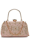 Anekaant Adorn Salmon Pink & Gold Floral Dabka Embellished Faux Silk Clutch