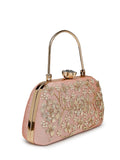 Anekaant Adorn Salmon Pink & Gold Floral Dabka Embellished Faux Silk Clutch