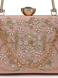 Anekaant Adorn Salmon Pink & Gold Floral Dabka Embellished Faux Silk Clutch