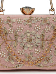 Adorn Floral Dabka Embellished Faux Silk Clutch