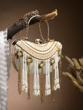 Anekaant Droop White & Gold Floral Embellished Velvet Clutch