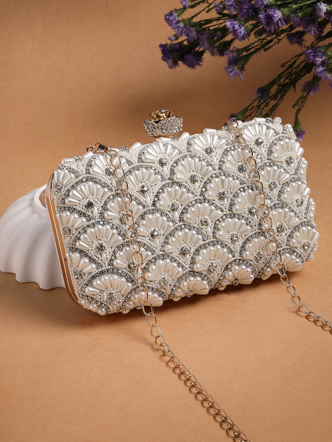 Opal Thread Faux Silk Scallop Beaded Clutch