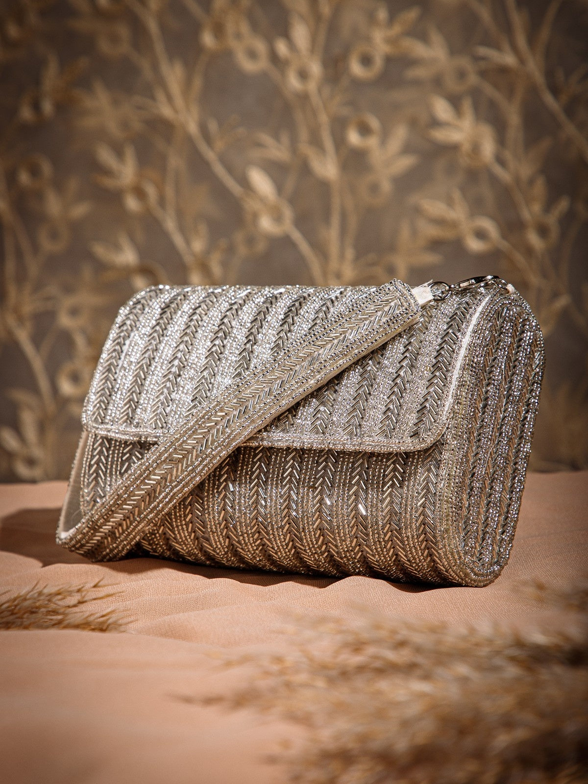 Crystal Cascade Chevron Beaded Faux Silk Clutch