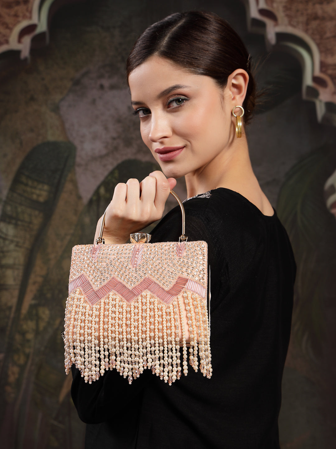 Crystal Cascade Velvet Chevron Embellished Clutch
