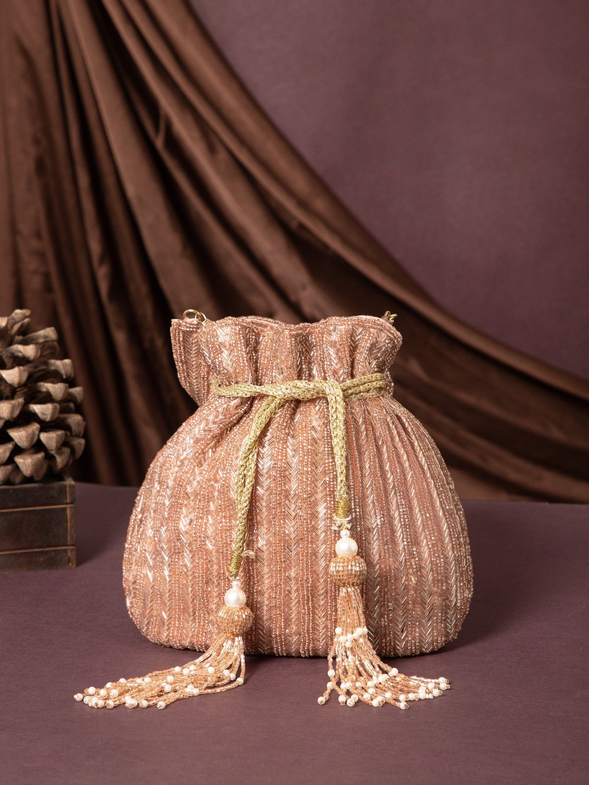 Crystal Cascade Chevron Beaded Faux Silk Potli