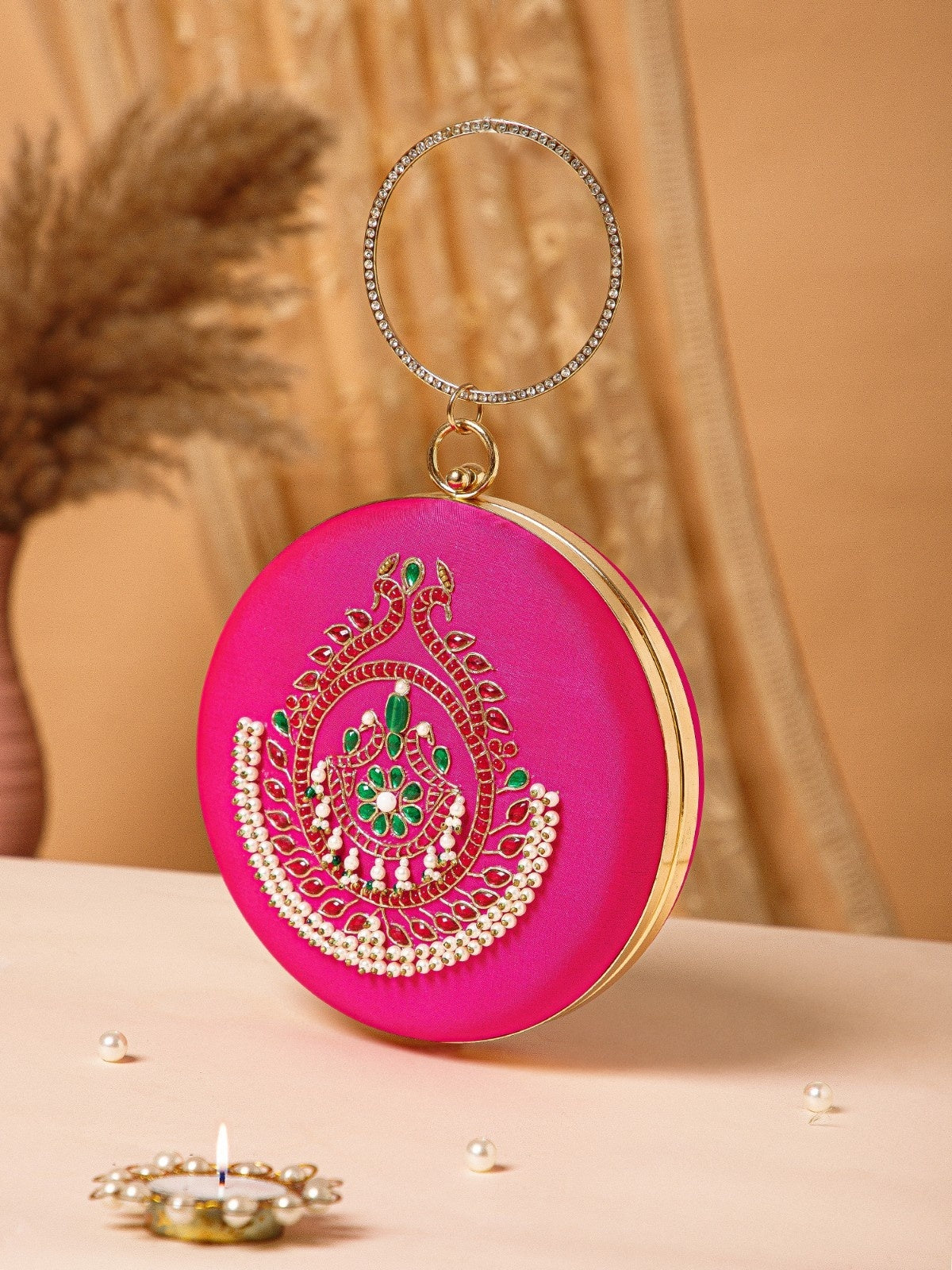 Glided Gleam Peacock Embroidered Faux Silk Clutch