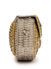 Jharokha Yellow & Emerald Green Kundan Embellished Metal Clutch