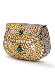 Jharokha Yellow & Emerald Green Kundan Embellished Metal Clutch