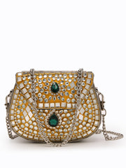 Jharokha Yellow & Emerald Green Kundan Embellished Metal Clutch