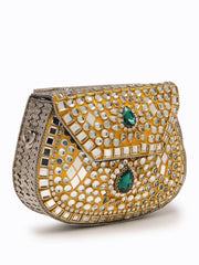 Jharokha Yellow & Emerald Green Kundan Embellished Metal Clutch