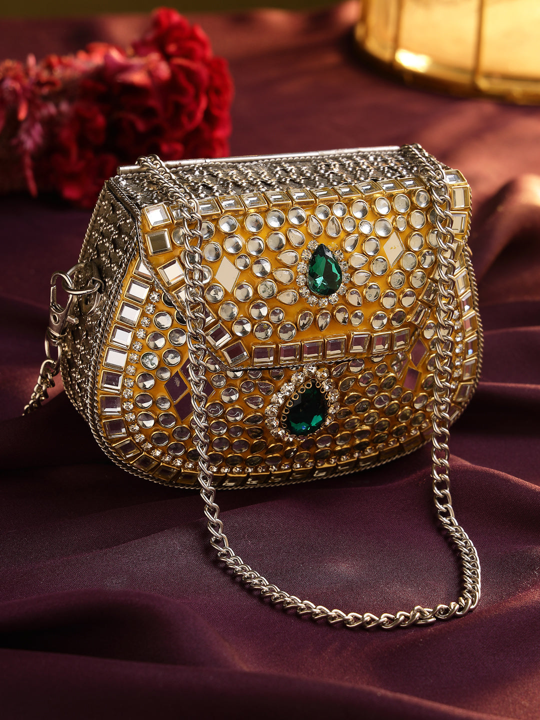 Jharokha Yellow & Emerald Green Kundan Embellished Metal Clutch