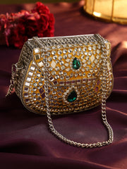 Jharokha Yellow & Emerald Green Kundan Embellished Metal Clutch