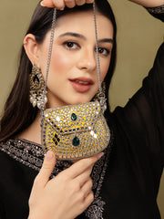 Jharokha Yellow & Emerald Green Kundan Embellished Metal Clutch