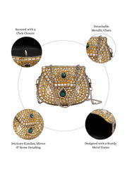 Jharokha Yellow & Emerald Green Kundan Embellished Metal Clutch
