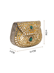 Jharokha Yellow & Emerald Green Kundan Embellished Metal Clutch