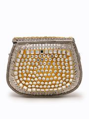 Jharokha Yellow & Emerald Green Kundan Embellished Metal Clutch