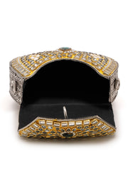 Jharokha Yellow & Emerald Green Kundan Embellished Metal Clutch