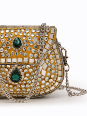 Jharokha Yellow & Emerald Green Kundan Embellished Metal Clutch