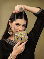 Jharokha Yellow & Emerald Green Kundan Embellished Metal Clutch