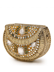 Jharokha Yellow & Emerald Green Kundan Embellished Metal Clutch