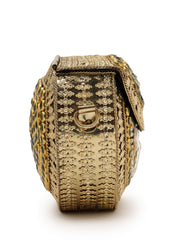 Jharokha Yellow & Emerald Green Kundan Embellished Metal Clutch