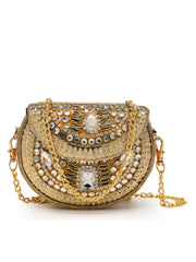 Jharokha Yellow & Emerald Green Kundan Embellished Metal Clutch