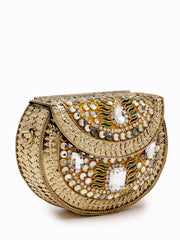 Jharokha Yellow & Emerald Green Kundan Embellished Metal Clutch