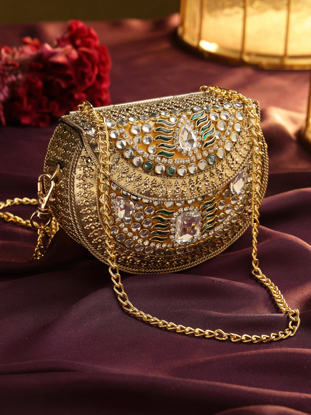 Jharokha Yellow & Emerald Green Kundan Embellished Metal Clutch