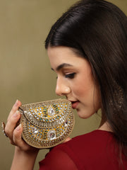 Jharokha Yellow & Emerald Green Kundan Embellished Metal Clutch