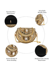 Jharokha Yellow & Emerald Green Kundan Embellished Metal Clutch