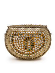 Jharokha Yellow & Emerald Green Kundan Embellished Metal Clutch