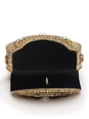 Jharokha Yellow & Emerald Green Kundan Embellished Metal Clutch