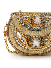 Jharokha Yellow & Emerald Green Kundan Embellished Metal Clutch