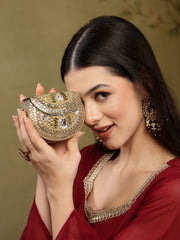 Jharokha Yellow & Emerald Green Kundan Embellished Metal Clutch