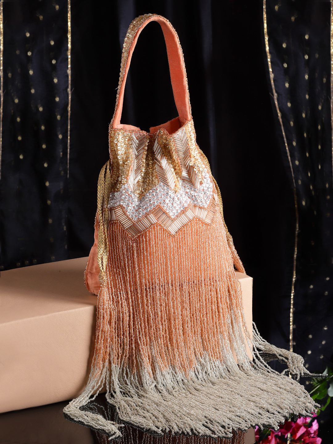 Droop Chevron Embellished Faux Silk Potli