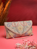 Anekaant Adorn Silver and Pastel Multi Floral Embellished Faux Silk Clutch