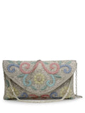 Anekaant Adorn Silver and Pastel Multi Floral Embellished Faux Silk Clutch