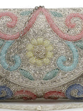 Anekaant Adorn Silver and Pastel Multi Floral Embellished Faux Silk Clutch