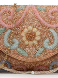 Anekaant Adorn Silver and Pastel Multi Floral Embellished Faux Silk Clutch