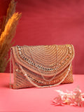 Anekaant Adorn Coral & Gold Stone Work Embellished Faux Silk Clutch