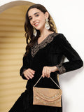 Anekaant Adorn Coral & Gold Stone Work Embellished Faux Silk Clutch