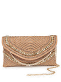 Anekaant Adorn Coral & Gold Stone Work Embellished Faux Silk Clutch